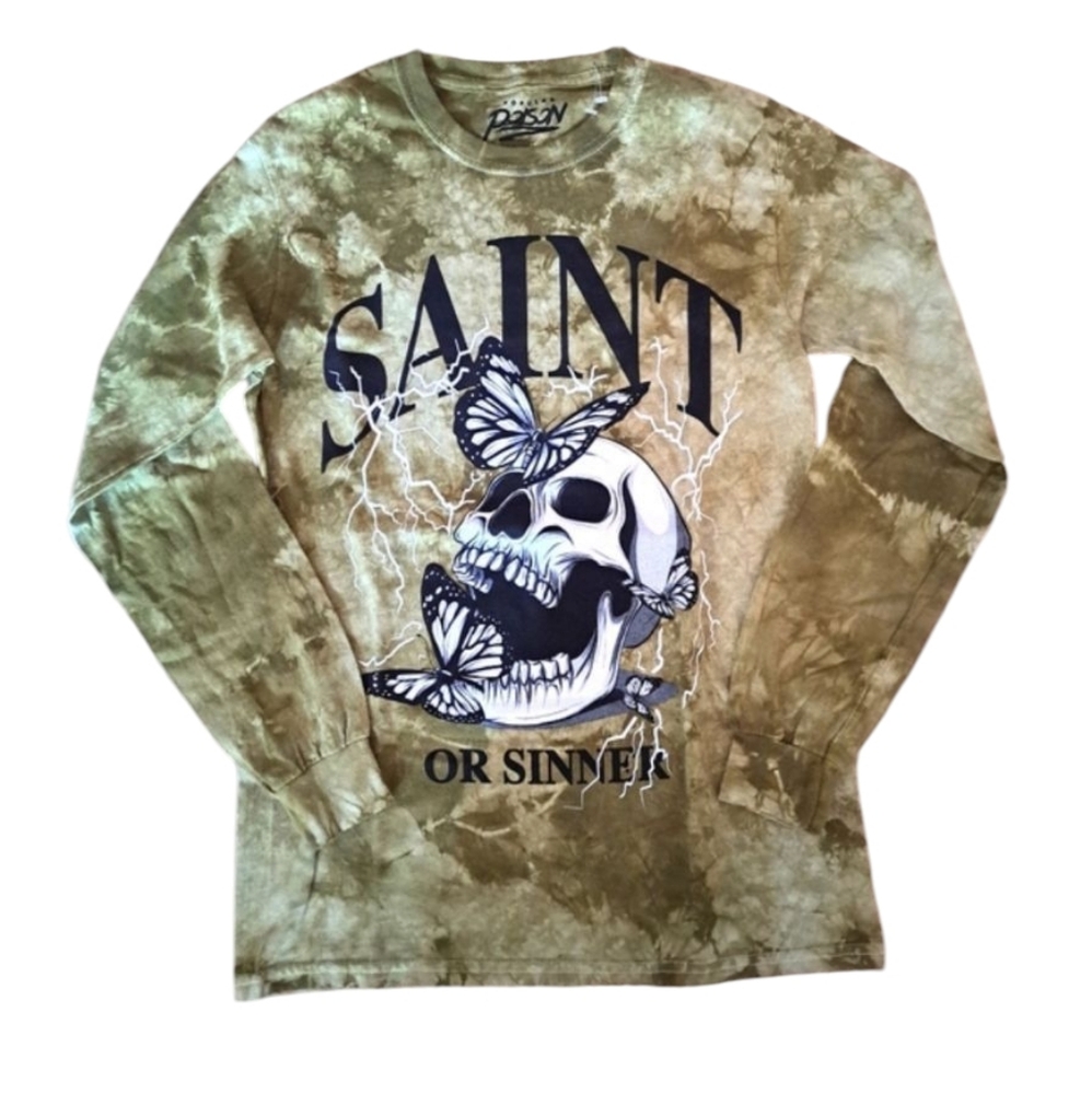 Popular Poison Tie Dye Green Saint or Sinner Long Sleeve T-Shirt Men Small NWOT